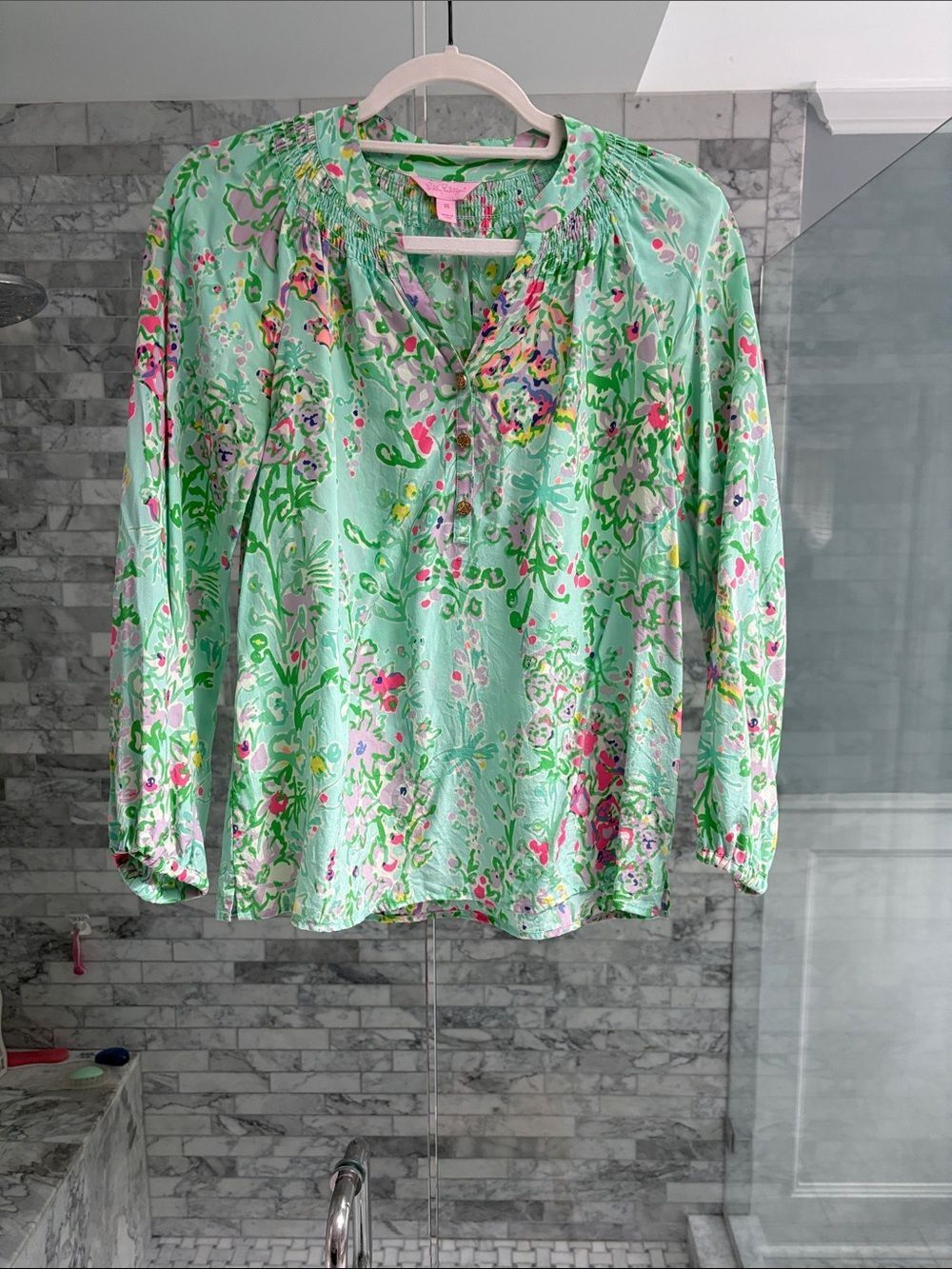 Silk Lilly Pulitzer Mint Floral Smocked Neck Blouse